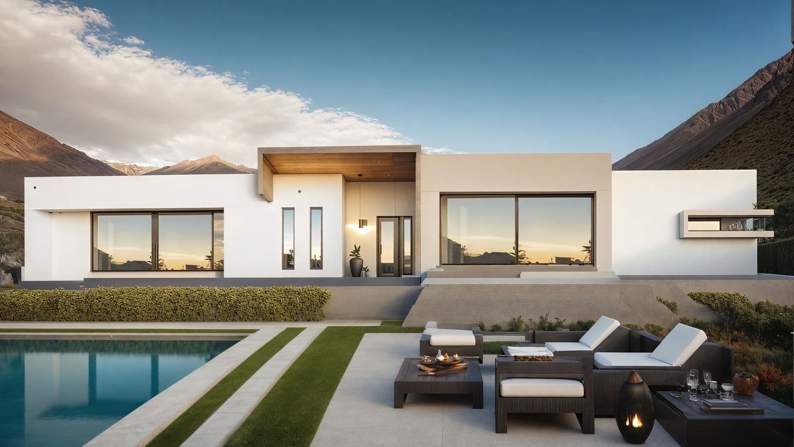 Casa Praga de un piso, fachada blanca con terraza y piscina